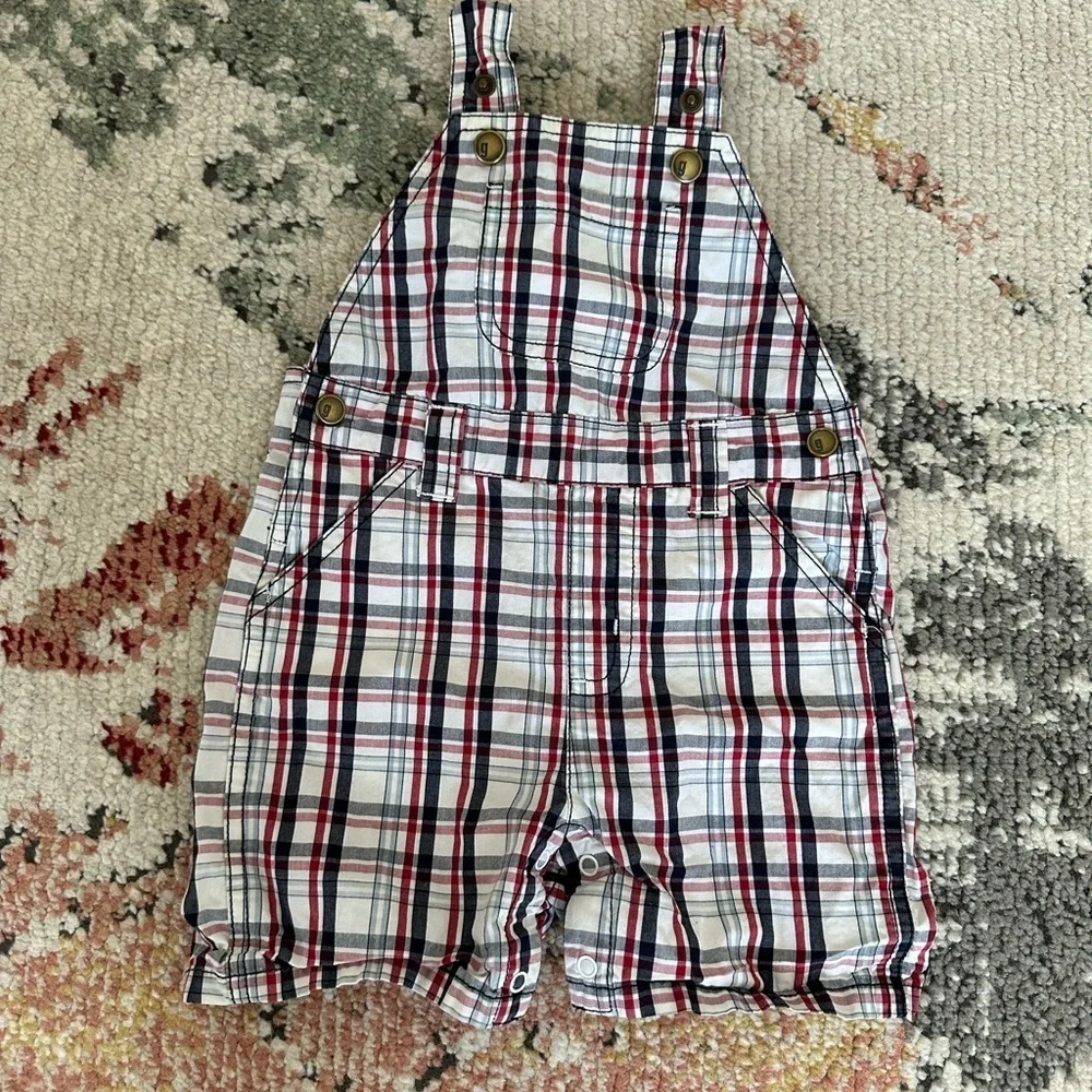 Y2K Gymboree Baby Boy Plaid Red White Blue Overalls Shortalls 6-12 M 100% Cotton